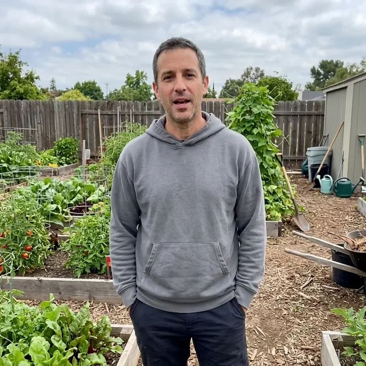 A man in a gray hoodie standing in a community garden