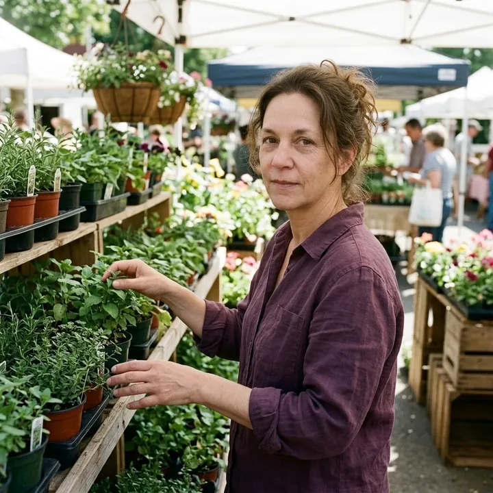 A woman in a plum shirt choosing plants at a market