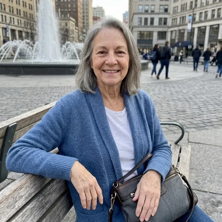 A smiling woman in a blue cardigan on a city bench